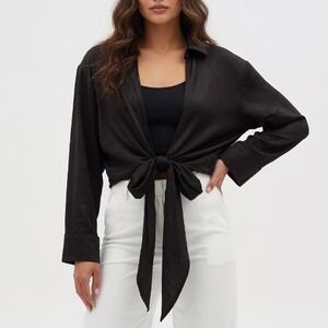 Aakaa Black Long Sleeve Tie Front Collared Crop Top Size Large